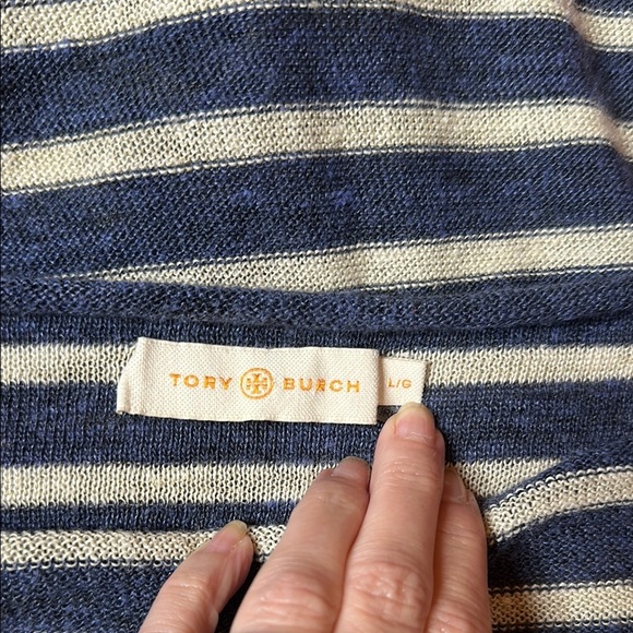 Tory Burch Blue and White Crew Neck Linen Sweater Size L - Picture 2 of 6